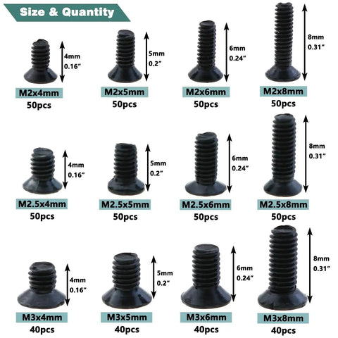 Beefy 560 Piece Black Carbon Steel Laptop Screw Set, size and quantity chart, M2 M2.5 M3 Phillips screws for Dell Samsung HP Sony laptops.