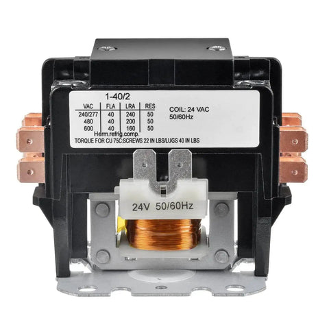Two Pole 40 Amp 24 VAC Definite Purpose Contactor for AC unit condenser and compressor, showing front view with specifications label.