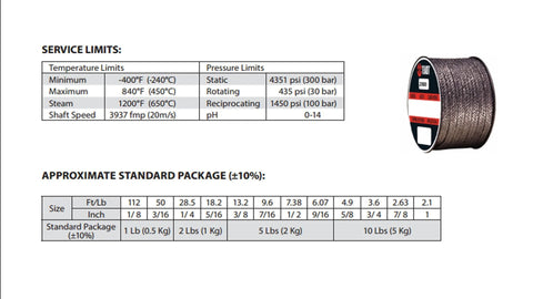 Braided flexible graphite packing spool, Teadit Style 2000, 1 in size, 5 lb spool