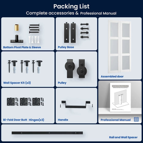 Packing list shows 36x84 Inch White Bifold Barn Door With Hardware Kit Included Pre Drilled Holes For Easy Assembly components.
