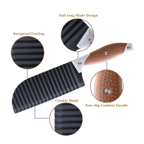 Crinkle Cutter Wave For Veggies And Fries With Stainless Steel Blade And Rubber Handle Dishwasher Safe Brown Perfect For French Fries Cucumbers Carrots Potatoes And More OLULU showing rustproof crinkle blade and non-slip handle