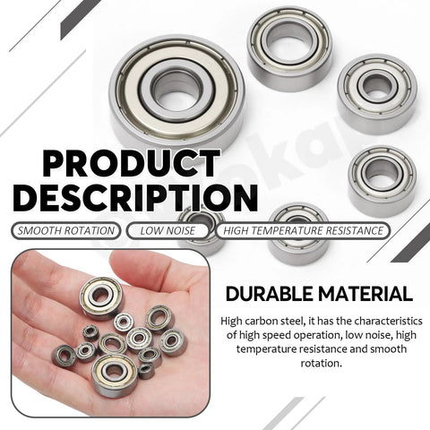Front view of Wokape 72Pcs six-size high carbon steel deep groove ball bearings set, double shielded
