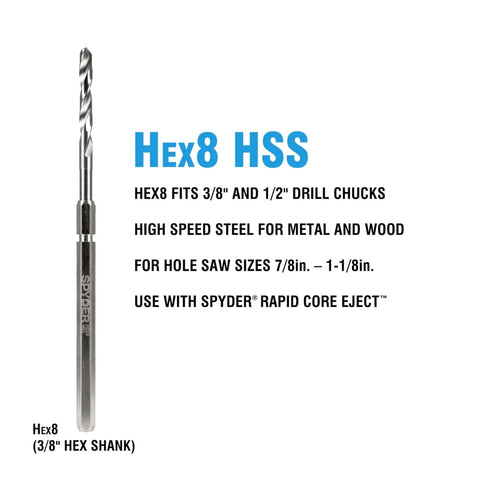 Hex8 Quick Change Hole Saw Arbor Kit With HSS Pilot Bit for wood metal plastics, visible are 3/8 in hex shank and 1/4 in HSS drill.