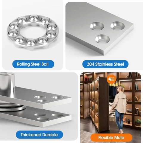 Hidden Door Pivot Hinge For 300 LB Secret Door, Heavy Duty Center Pivot Hardware In 304 Stainless Steel with ball bearing detail and installed room view