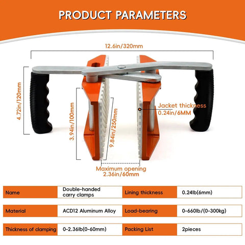 White Rubber Lined Granite Carrying Clamps Double Handed Lifter Marble Slabs with dimensions and specifications.