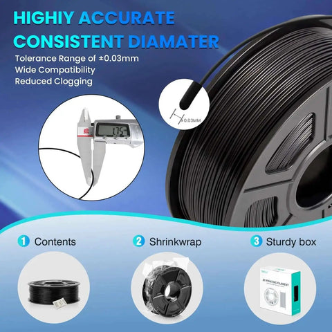Close-up of precise diameter measurement for 4 Pack TPU 3D Printer Filament Bundle 1.75mm Flexible High Speed 95A Black, sealed in spool.