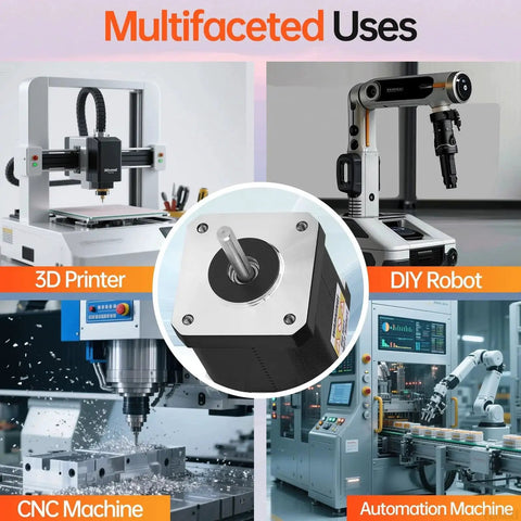 Multifaceted uses of 0.9 Degree Nema 17 Stepper Motor for 3D printer, DIY robot, CNC, and automation machines; motor with 1m cable shown.