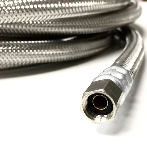 Shark Industrial stainless steel braided ice maker hose, 15 ft, 1/4 in compression fittings, end connector close-up
