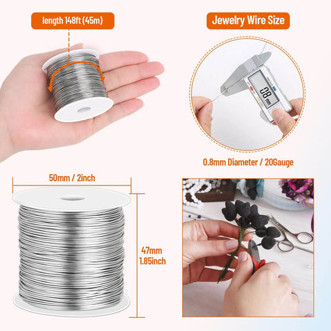 20 Gauge Stainless Steel Jewelry Wire, Tarnish Resistant 304 Stainless, Flexible and Built to Last Silver Wire for Jewelry Making, Beading, Wire Wrapping, Crafts, and DIY Projects on a spool with measurements.