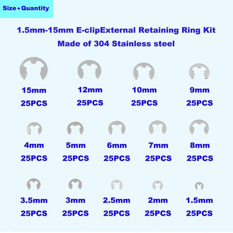 Stainless Steel External Retaining Ring E Clip Assortment Kit, 14 Sizes, 350 Pieces displayed with size and quantity