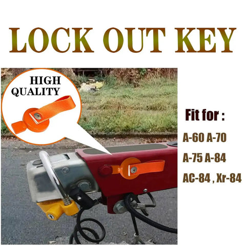 Orange lockout key with strap installed on trailer tongue surge brake actuator