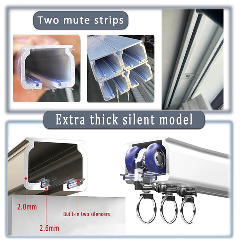 Heavy duty double curtain rail with thick aluminum alloy track delivers smooth, reliable operation for heavy curtains shown with mute strips.
