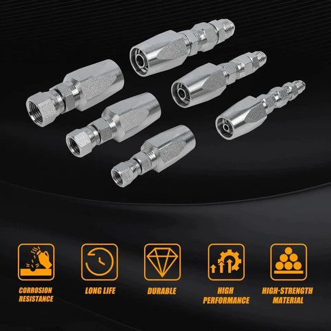 Three Pack Reusable Hydraulic Hose Field Repair Kit For On Site Emergency Fix Of One Quarter Inch, Three Eighths Inch And One Half Inch Inner Diameters, Four Thousand PSI Rating, Compatible With R2 R16 R17 R19 Two Wire Hydraulic Hoses, Keeps Machinery with six connectors on black background, highlights durability, longevity, and high-performance features.
