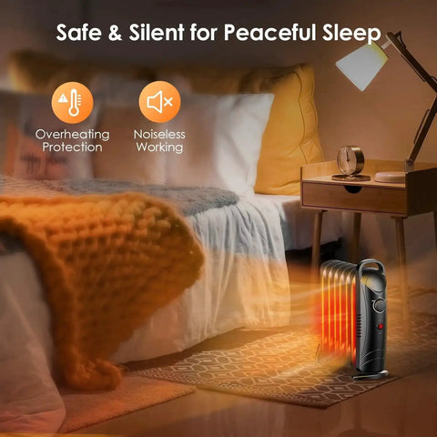 Efficient 700W Oil Filled Radiator Heater For Indoor Use With Adjustable Thermostat And Two Heat Settings Ultra Quiet Overheat Protection Small Space Heater For Bedroom Office Desk Black From Air Choice next to a bed