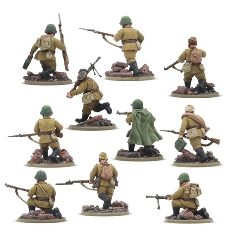Soviet Army Infantry Platoon 28Mm Scale Plastic Miniatures for Bolt Action in summer uniforms, rear view with rifles and gear.