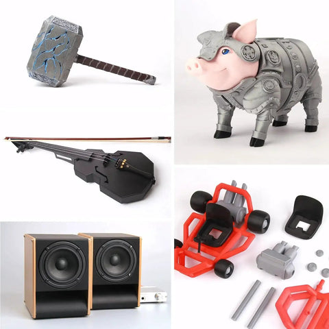 Collage of 3D printed items including a hammer, armored pig, string instrument, speaker set, and toy vehicle components.