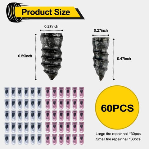 60 Piece Tire Repair Screws Kit For Tubeless Tires With Two Sizes, self service plug fix, showing screws and packaging
