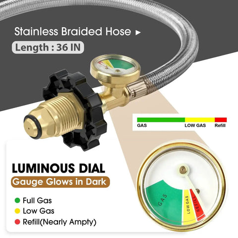Two Stage Automatic Changeover LP Propane Gas Regulator with 36 Inch RV Pigtail Hose and Gauge, showing luminous dial and POL connect.