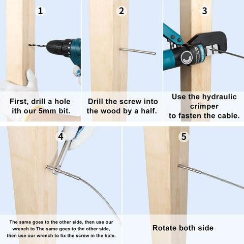 Installation instructions for Three Sixteenth Inch Swage Lag Screws Kit For Cable Railing - T316 Stainless Steel With Left And Right Handed Threads