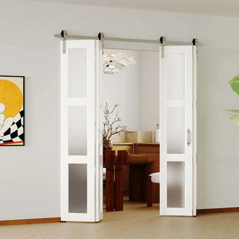Frosted Glass Bifold Closet Doors 30 Inch Wide By 84 Inch Tall With 3 Lite Panels Brushed Nickel Sliding Hardware Kit installed indoors