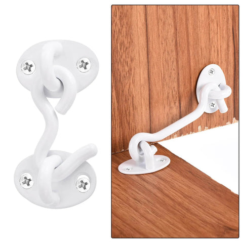 2 Inch Hook And Eye Latch For Barn Doors Privacy Hardware Stainless Steel Gate Lock Easy Install Window Cabin Hooks Sliding Doors Bedroom And Bathroom White Finish installed on wood surface and close-up view