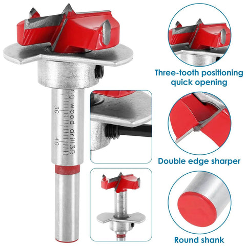 Concealed Hinge Jig for 35mm Hinge Drilling Guide Woodworking with bit and red metal head, close-up view.
