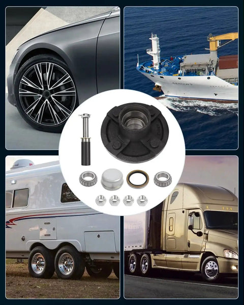Trailer Hub Kit With Black Painted Idler Hub For 2000 Lb Boat Trailers Featuring 4 Lug On 4 Bolt Pattern And L44649 Inner And Outer Cone Bearings Built For Durable Smooth Rolling And Long Lasting Performance SCITOO surrounded by vehicle images.