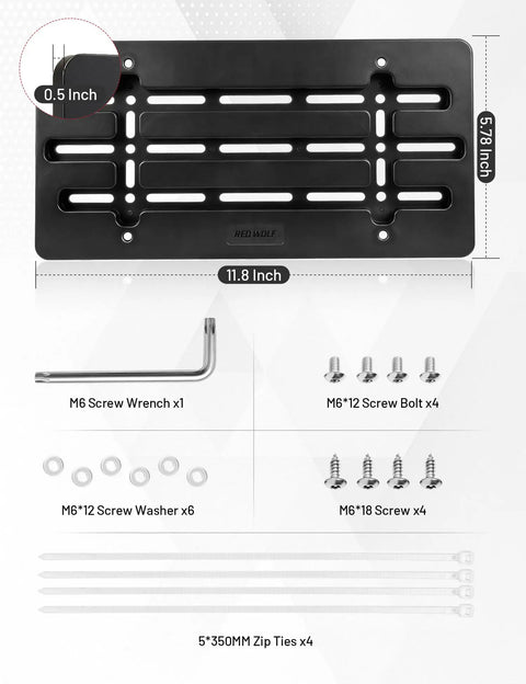 Universal Front License Plate Bracket Holder Frame For Cars Trucks And SUVs Beefy Black Easy Mount With 6 Screws And Wrench Kit Durable 6 X 12 Inch Flat Mount with included hardware.