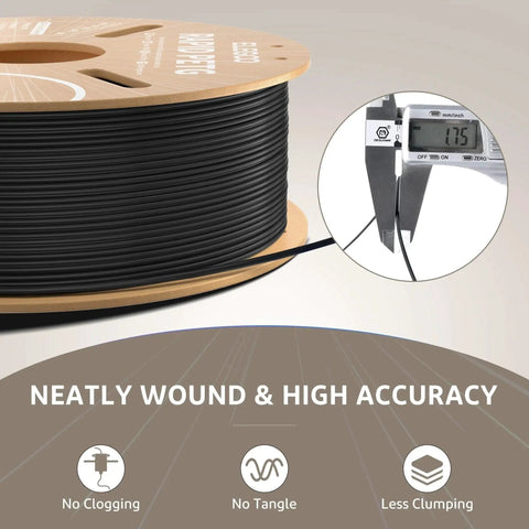 Close-up of PETG Filament 1.75mm Black 1kg High Speed 600mm Per Second For FDM 3D Printers on spool with diameter measurement