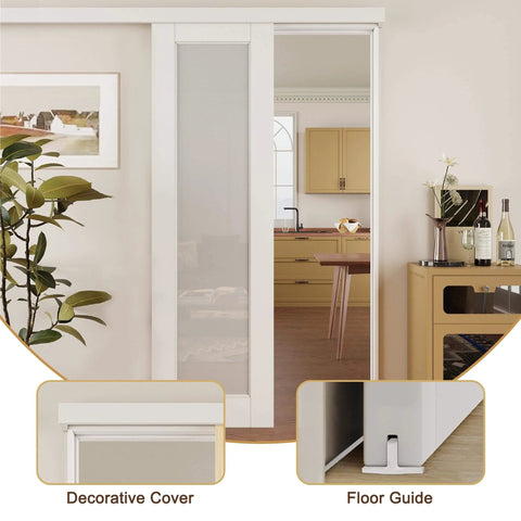 36 Inch By 80 Inch White Sliding Barn Door With Hardware Kit Full Lite Tempered Frosted Glass Solid Core Construction Paintable Surface For Closet Bedroom And Bathroom No Hassle Easy Install shown installed with decorative cover and floor guide visible.