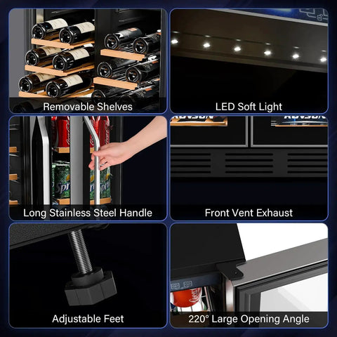 34 Bottle Dual Zone Wine And Beverage Fridge With Independent Temperature Control And LED Panel details like shelves and handle