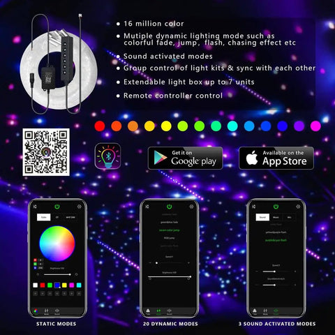 6-Hole RGB Fiber Optic Headliner Starlight Kit With APP Control display, color options and mobile app interface on screen