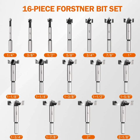 16 Piece Forstner Bit Set For Woodworking Alloy Steel Heat Treated With Ultra Sharp Cutting Teeth For Fast Drilling