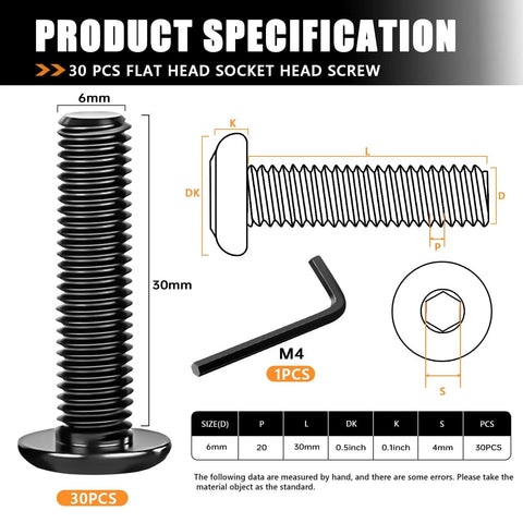 M6x30mm Flat Head Socket Cap Screws For Furniture, 304 Stainless Steel 18 8 Countersunk Connector Screws, diagram and hex spanner