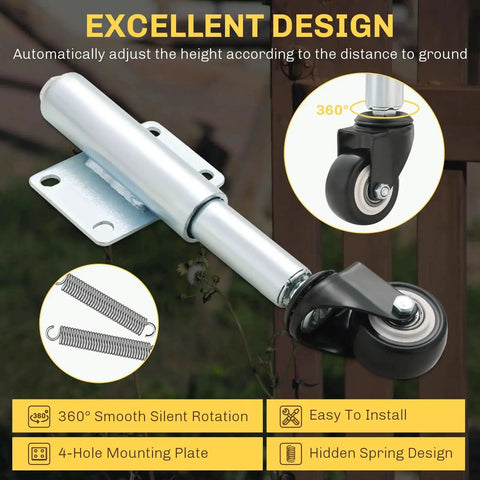 Close-up of 2 Inch Spring Loaded Gate Caster Wheels, 2 Pack Retractable Swivel Casters installed on garden gate with universal plate.