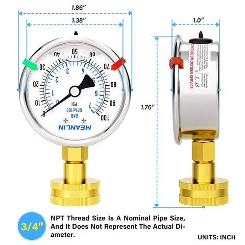 Meanlin pressure gauge, 2.5-inch dial, stainless steel case, 3/4-inch NPT female, liquid-filled with brass fittings