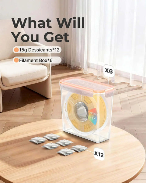 Pro Filament Storage Box For Single 1Kg 1.75mm Spools Airtight Container With Desiccants shown with spools and desiccants on table