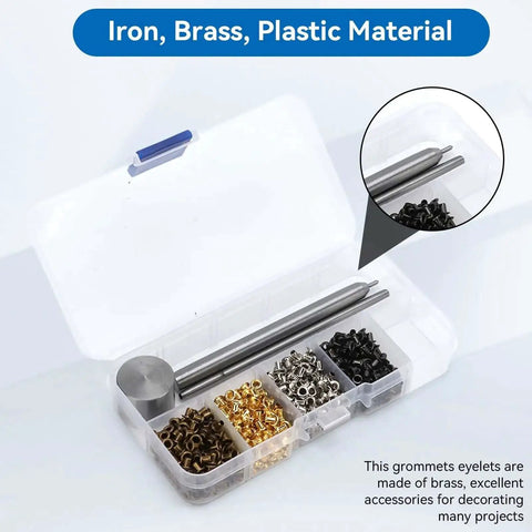 Clear box showing punch pliers, 800-piece set of brass grommets in assorted colors for 2mm Grommet Kit With Punch Pliers Tool And Storage Box