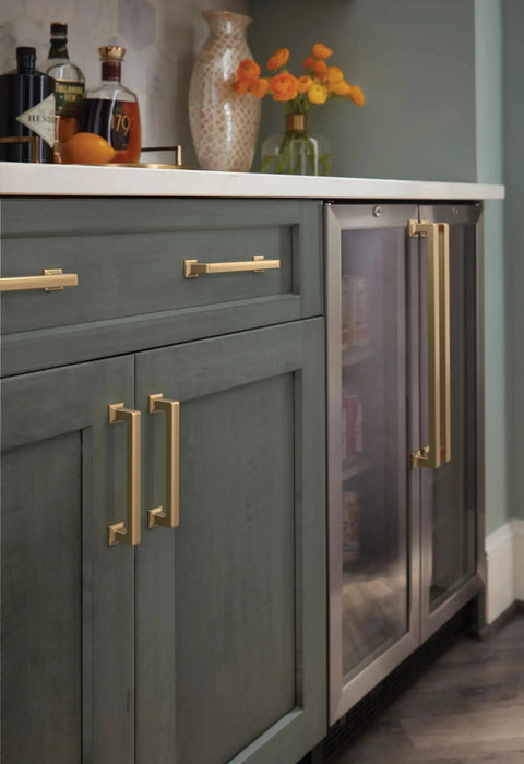 Cabinet with Lintel 18 Inch Center To Center Champagne Bronze Appliance Pull For Paneled Appliances And Large Cabinets Transitional Style Heavy Wide Profile Overall Length 19 1 4 Inches BP37450CZ installed on green wood panel doors