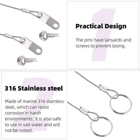 15 Piece Spring Loaded Lynch Pin Kit With 7/16 x 1-3/4 Inch Pins, stainless steel lanyard cables, screws shown