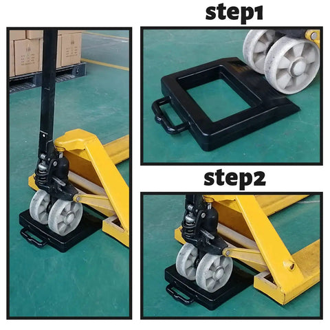 Rubber Pallet Jack Chock Heavy Duty Wheel Stopper stabilizing pallet jack wheels on warehouse floor