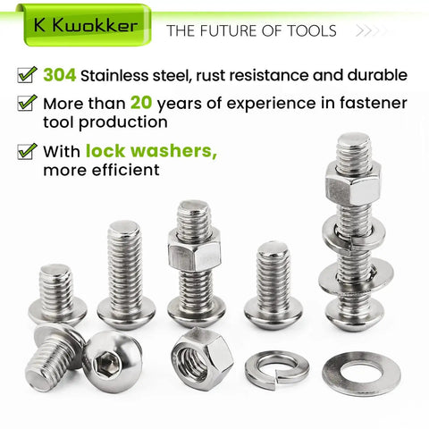 Pro Grade Stainless Steel 304 3/8-16 Bolt And Nut Set With Washers Full Thread Includes 160 Pieces For Furniture Bike Auto DIY
