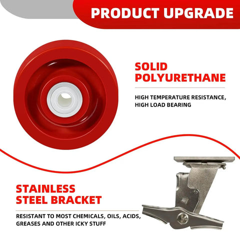 Heavy Duty Stainless Steel 4 Inch Casters With Rust Proof Polyurethane Wheels And One Brake Industrial Grade Caster Set features