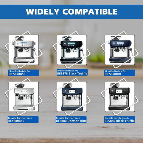 Water filter replacement for Breville espresso machines; collage of front-view Barista Pro/Touch/Oracle models in silver, black, and blue.