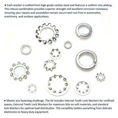 Washer assortment kit: carbon steel, zinc-plated lock washers with internal/external teeth; includes #6-#10 in 1/4–3/8.