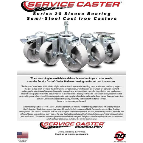 Series 20 semi-steel cast iron wheel casters with sleeve bearings, ideal for heavy-duty handling needs, displayed in front view.