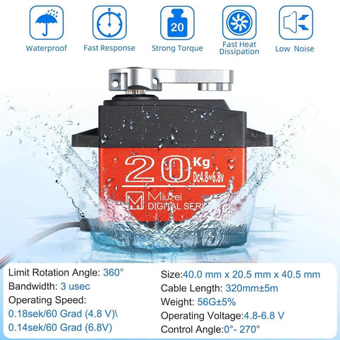 20Kg High Torque Digital Servo with Waterproof Metal Gear in water showing specifications, Miuxiei branding, and 270° travel.