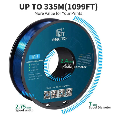 Flexible TPU Filament 1.75mm 95A High Elasticity 3D Printer Filament 1Kg Spool For Daily Wear And Tough Prints Fits Most FDM Printers Clear Blue