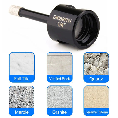 Quarter Inch Dry Diamond Core Drill Bits Set 2-Piece 6mm Diameter 5/8-11 Thread for Angle Grinders with material icons visible.