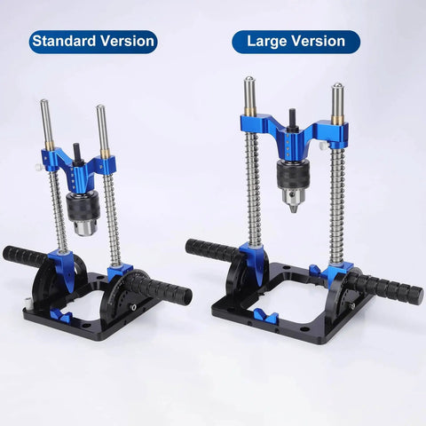 All Metal Adjustable Drill Guide With Multi Angle Capability From Zero To Sixty Degrees For Straight Holes, Drill Press Adapter For Hand Drills, Includes One Half Inch Chuck, Key, Guide Rod, Precision Drilling Jig In Durable Blue shown in standard and large versions